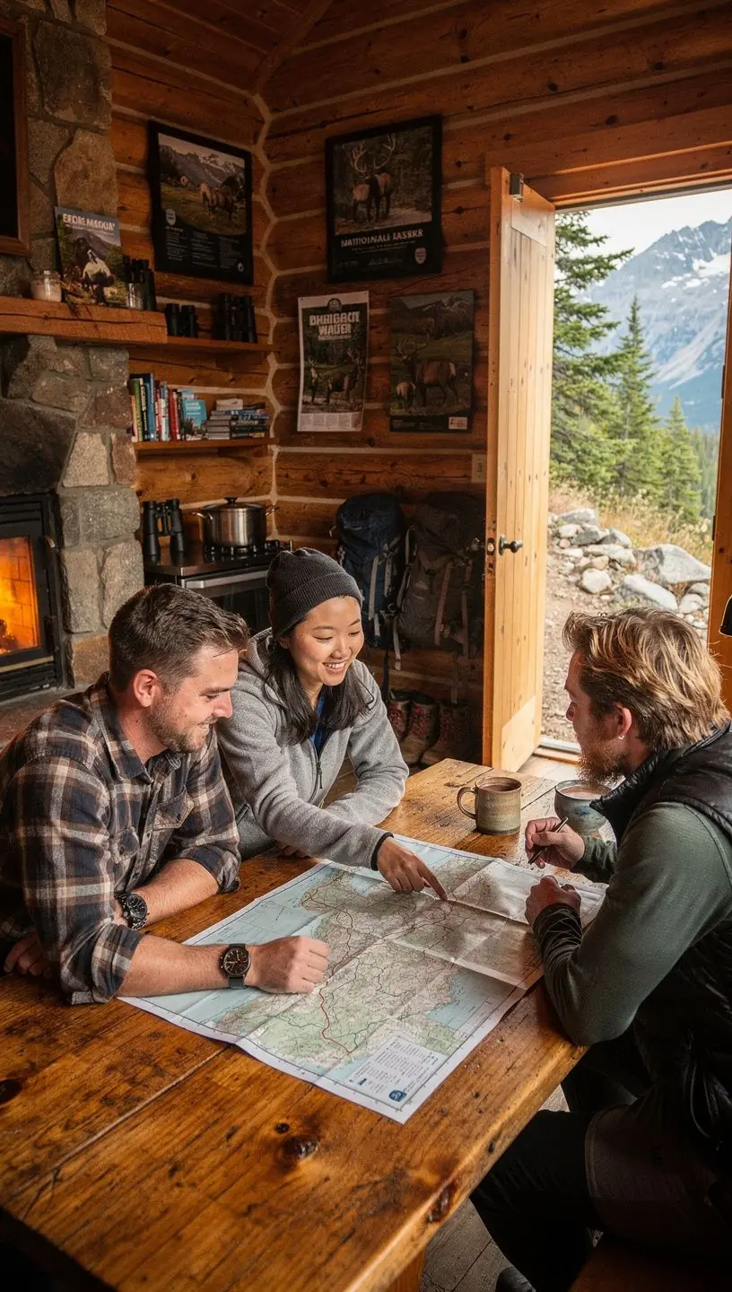 Camping area setup near a national park entrance emphasizing recommended accommodation zones for convenience.